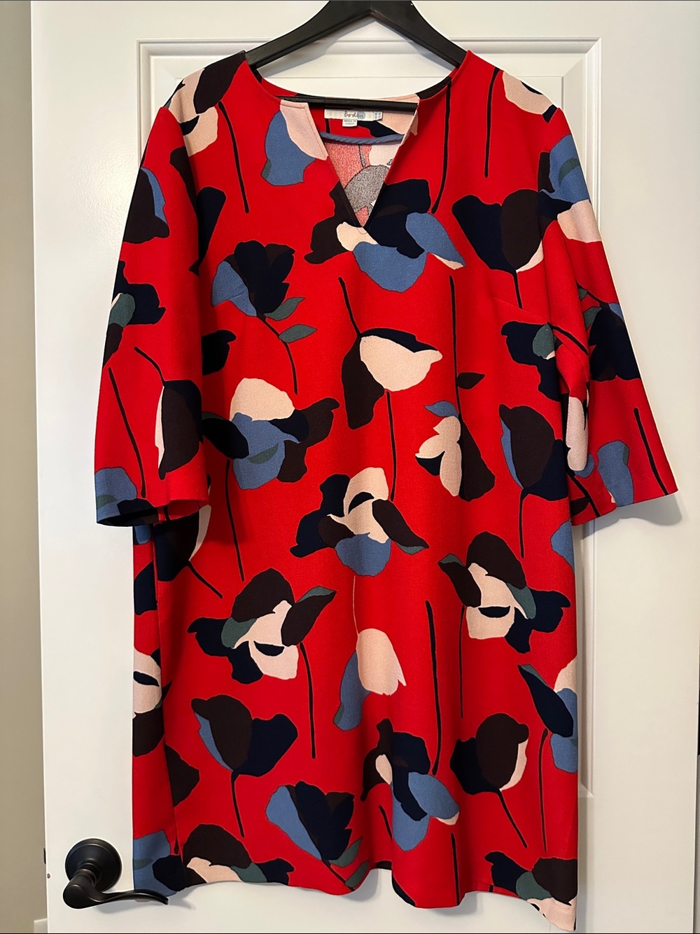 Boden Red Floral Midi Dress with Blue and Cream Accents
